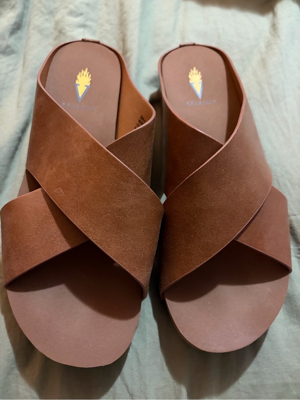 Volatile Chestnut Brown Crisscross Slide Sandals